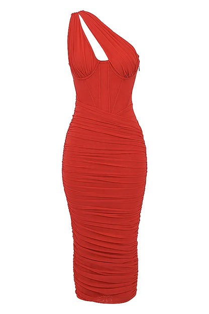 Valentina Scarlet Asymmetric Cutout Midi Dress