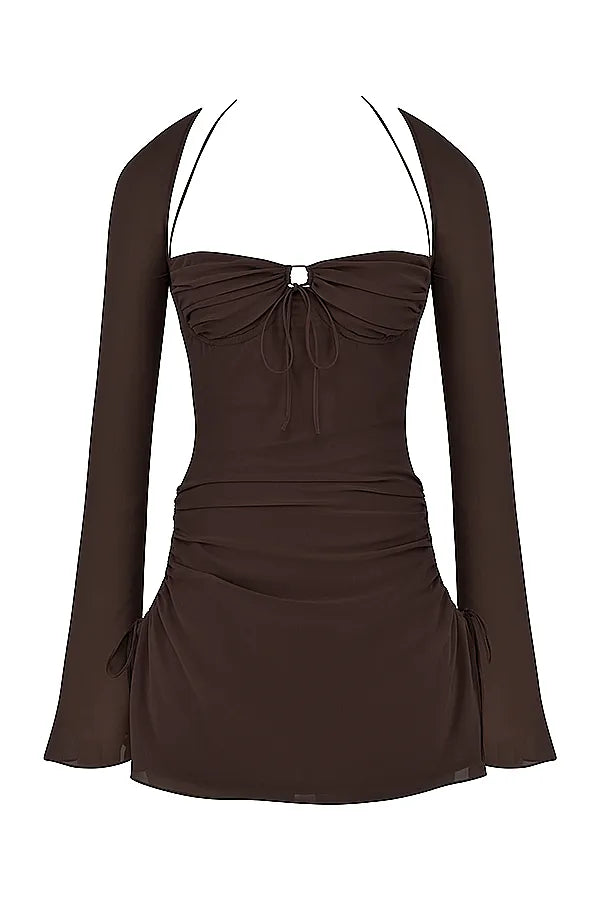 Baby Chocolate Chiffon Cutout Halter Mini Dress