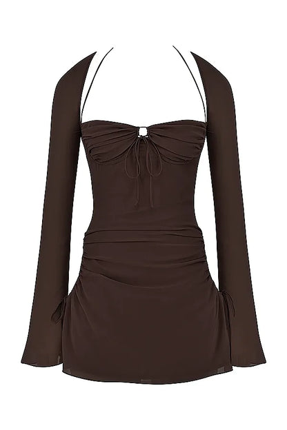Baby Chocolate Chiffon Cutout Halter Mini Dress