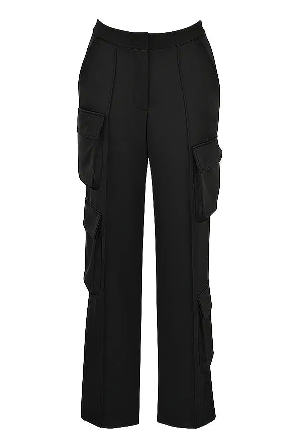 Daria Black Satin Straight Leg Cargo Trousers