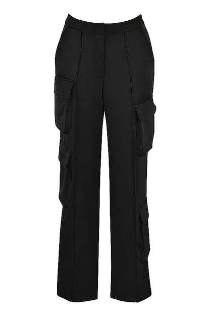 Daria Black Satin Straight Leg Cargo Trousers