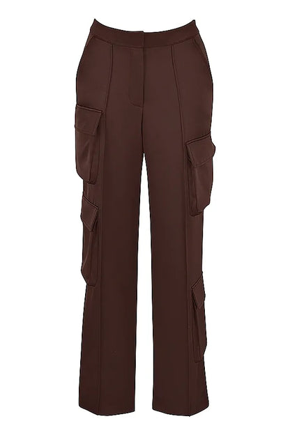 Daria Chocolate Satin Cargo Trousers