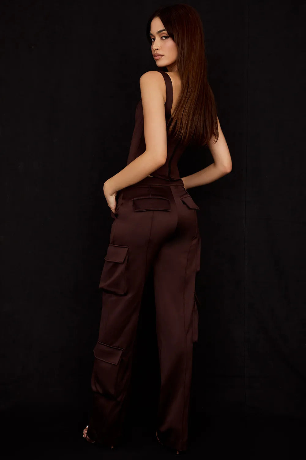 Daria Chocolate Satin Cargo Trousers