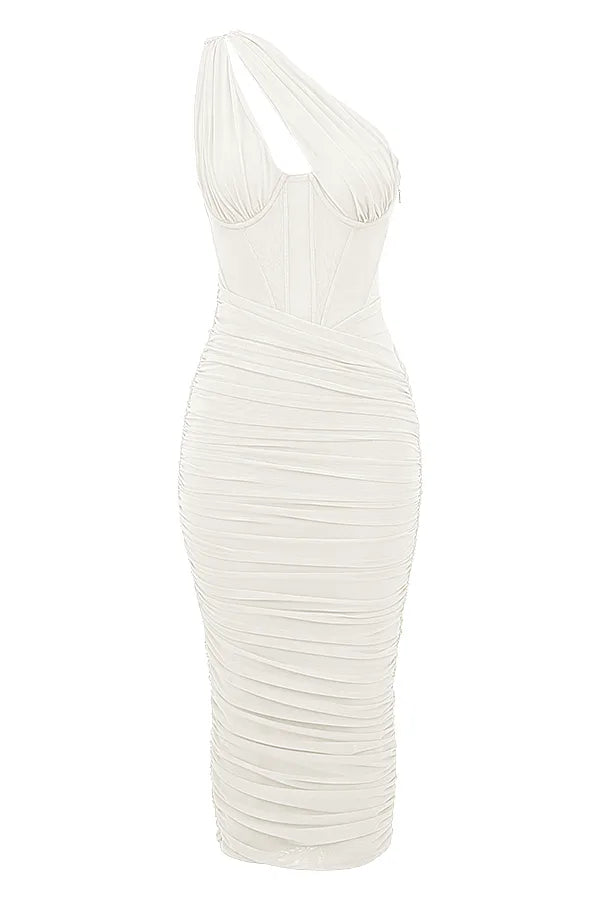 Valentina Ivory Asymmetric Cutout Midi Dress