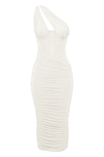 Valentina Ivory Asymmetric Cutout Midi Dress