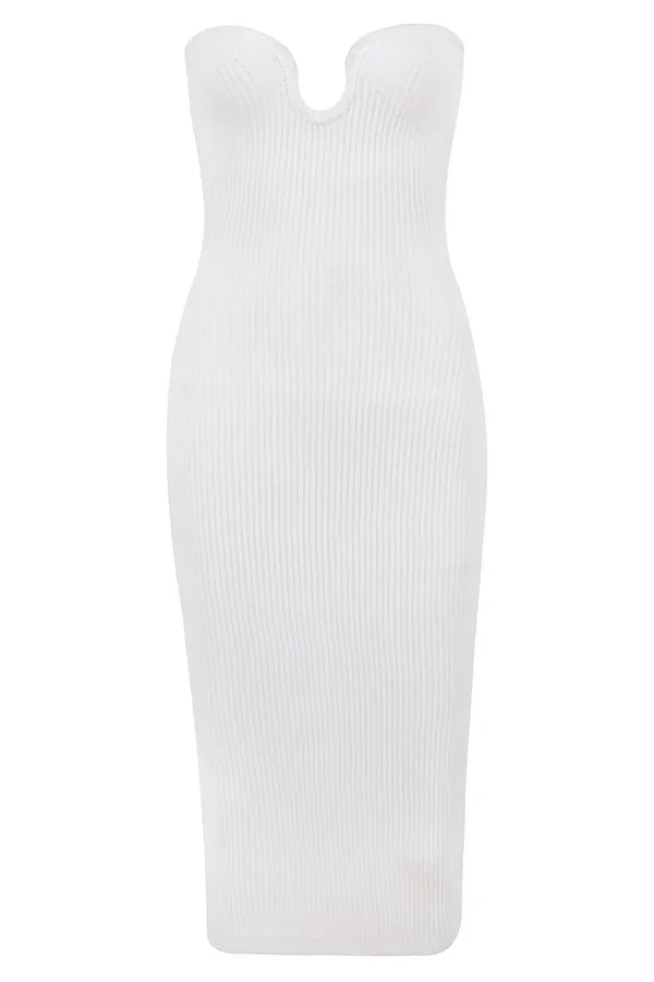 Oriana White Ribbed Knit Strapless Midi Dress