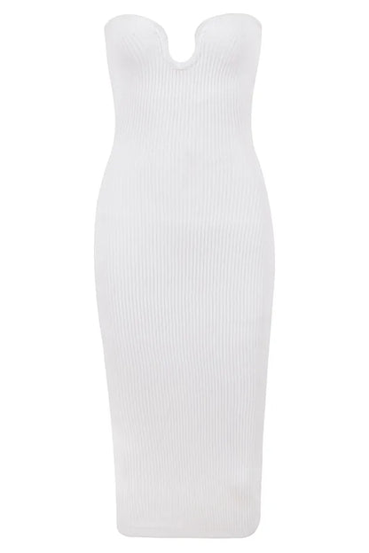 Oriana White Ribbed Knit Strapless Midi Dress