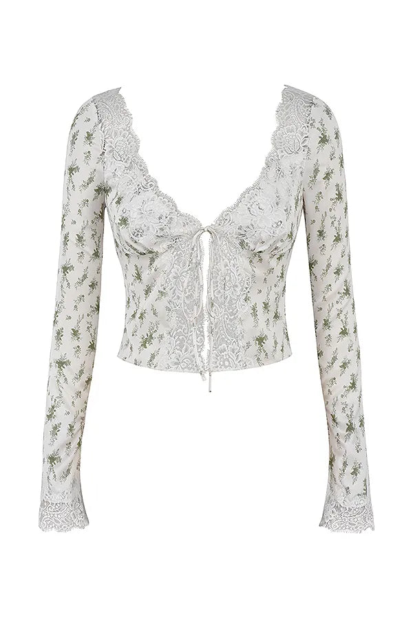 Clarissa Garden Print Lace Trim Top