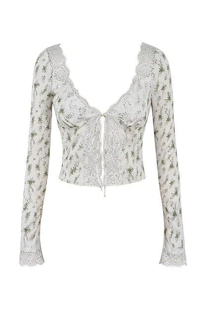 Clarissa Garden Print Lace Trim Top