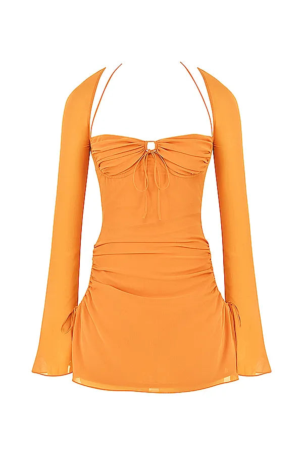 Baby Tangerine Chiffon Halter Mini Dress
