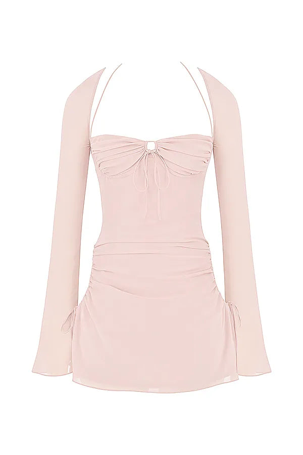 Baby Pink Quartz Chiffon Cutout Halter Mini Dress