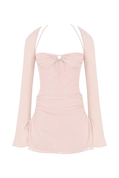 Baby Pink Quartz Chiffon Cutout Halter Mini Dress