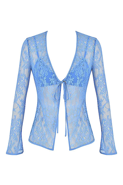 Phoebe Blue Lace Tie Front Top