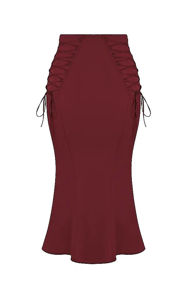 Sidonie Wine Satin Lace Up Midi Skirt