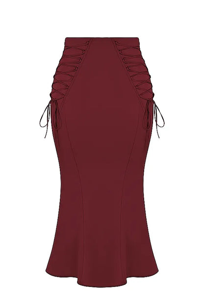 Sidonie Wine Satin Lace Up Midi Skirt