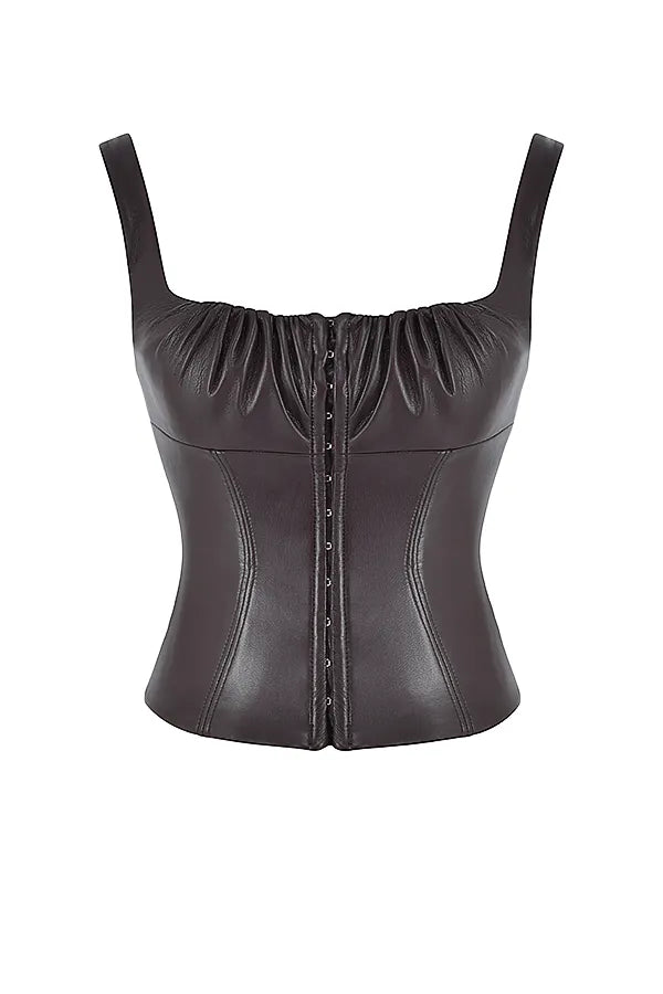 James Bitter Chocolate Vegan Leather Corset