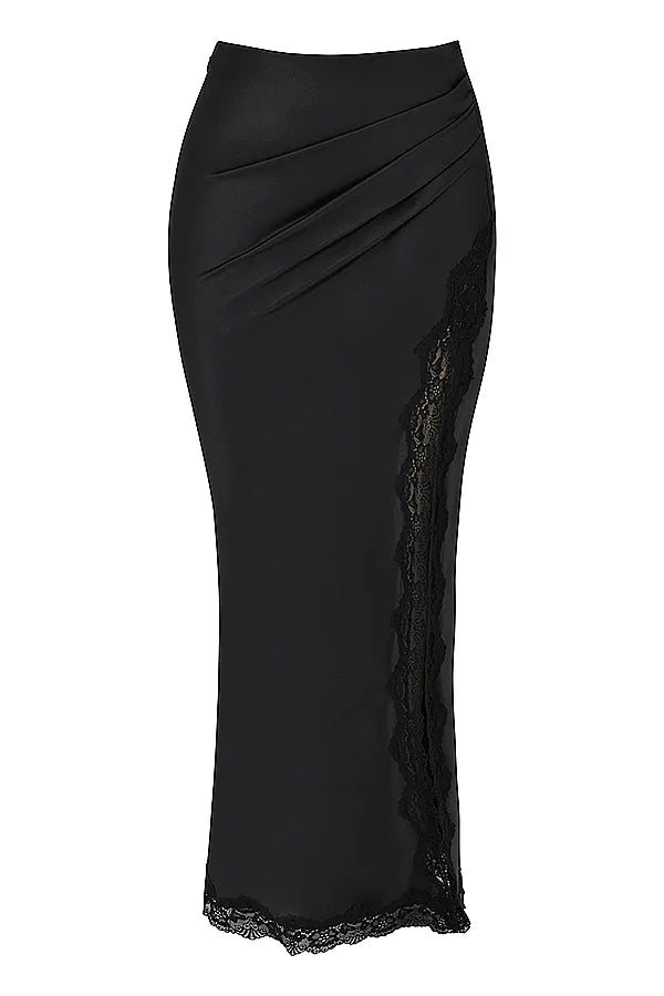 Ruby Black Satin Lace Trim Midi Skirt