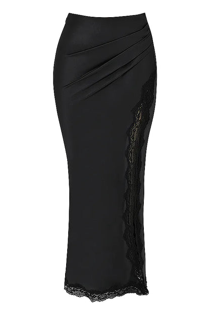 Ruby Black Satin Lace Trim Midi Skirt