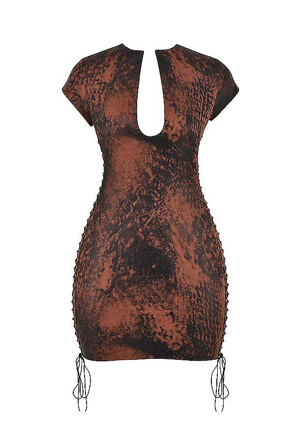 Daphne Antique Copper Lace up Mini Dress