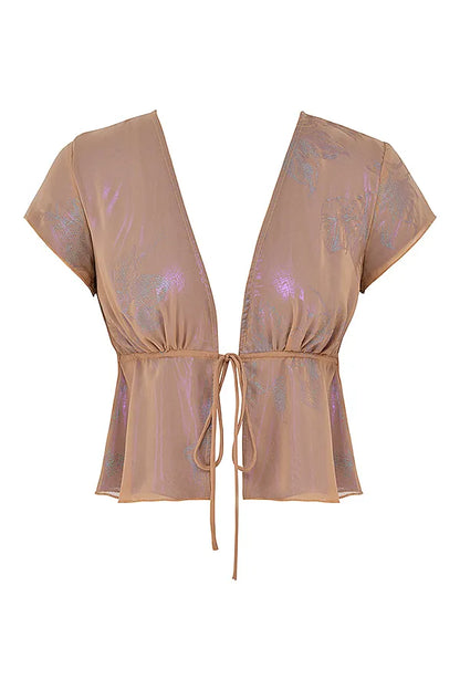 Maia Shimmer Cafe Au Lait Tie Front Top