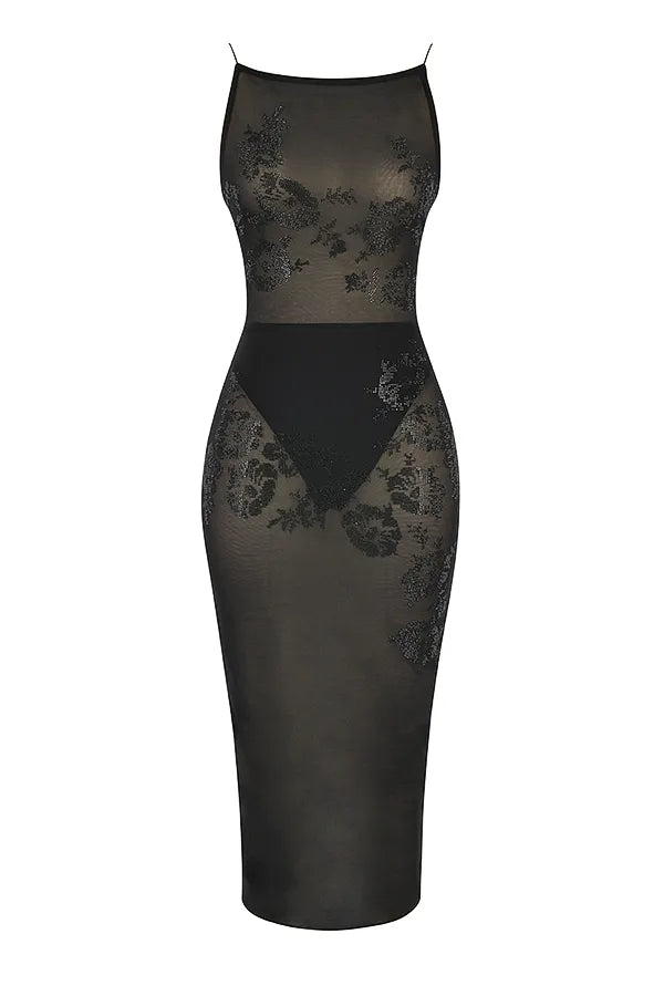 Amirah Black Mesh Crystal Embellished Midi Dress