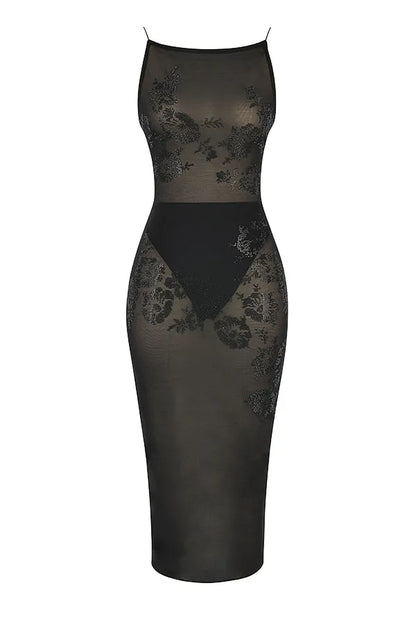 Amirah Black Mesh Crystal Embellished Midi Dress