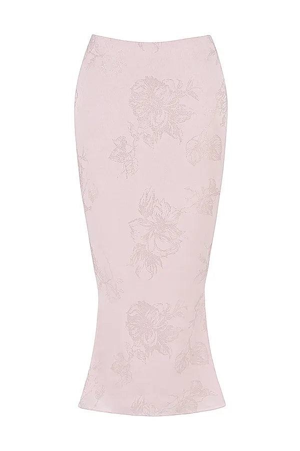 Luisette Pink Metallic Floral Satin Midi Skirt