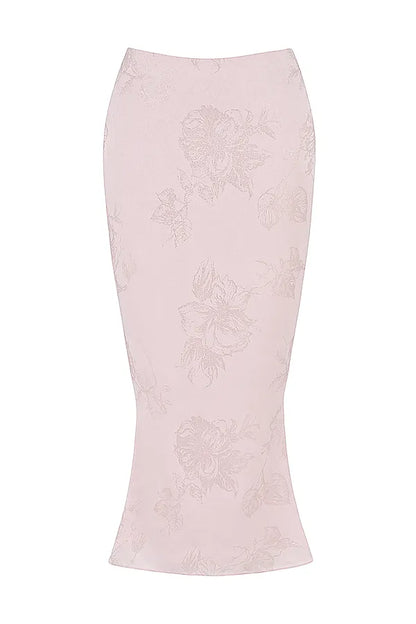 Luisette Pink Metallic Floral Satin Midi Skirt