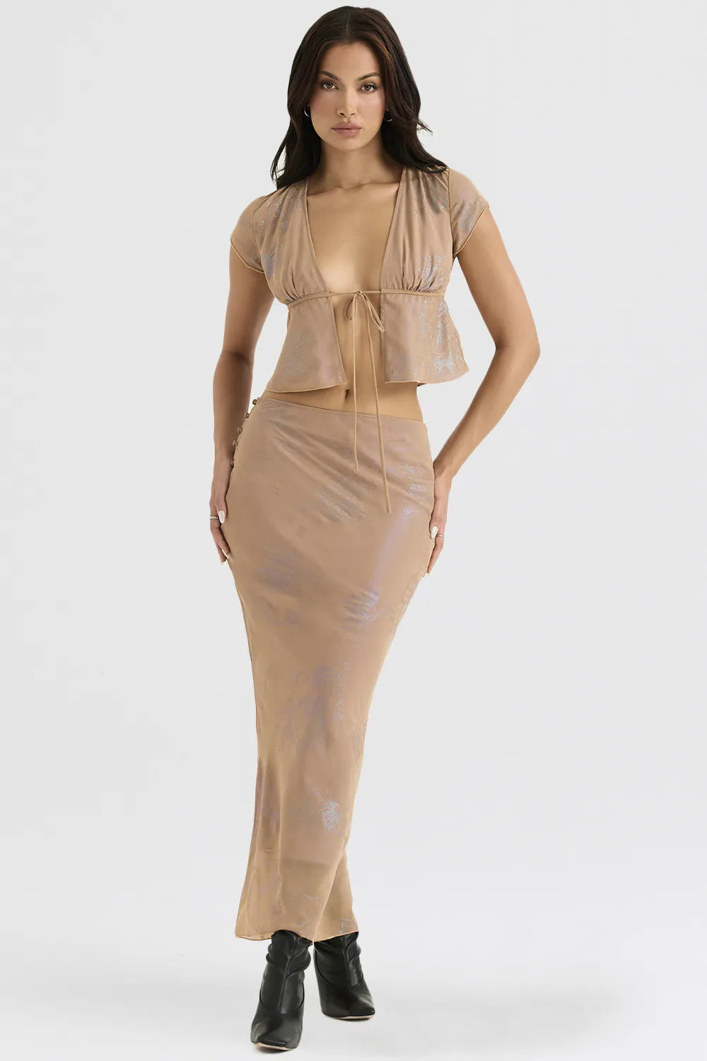 Maia Shimmer Cafe Au Lait Tie Front Top