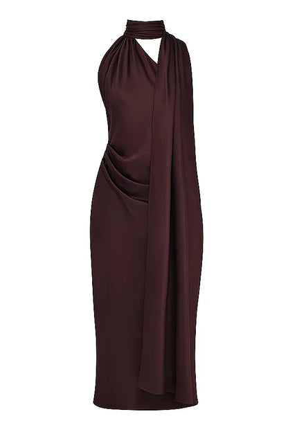 Angelina Chocolate Wrap Neck Midi Dress