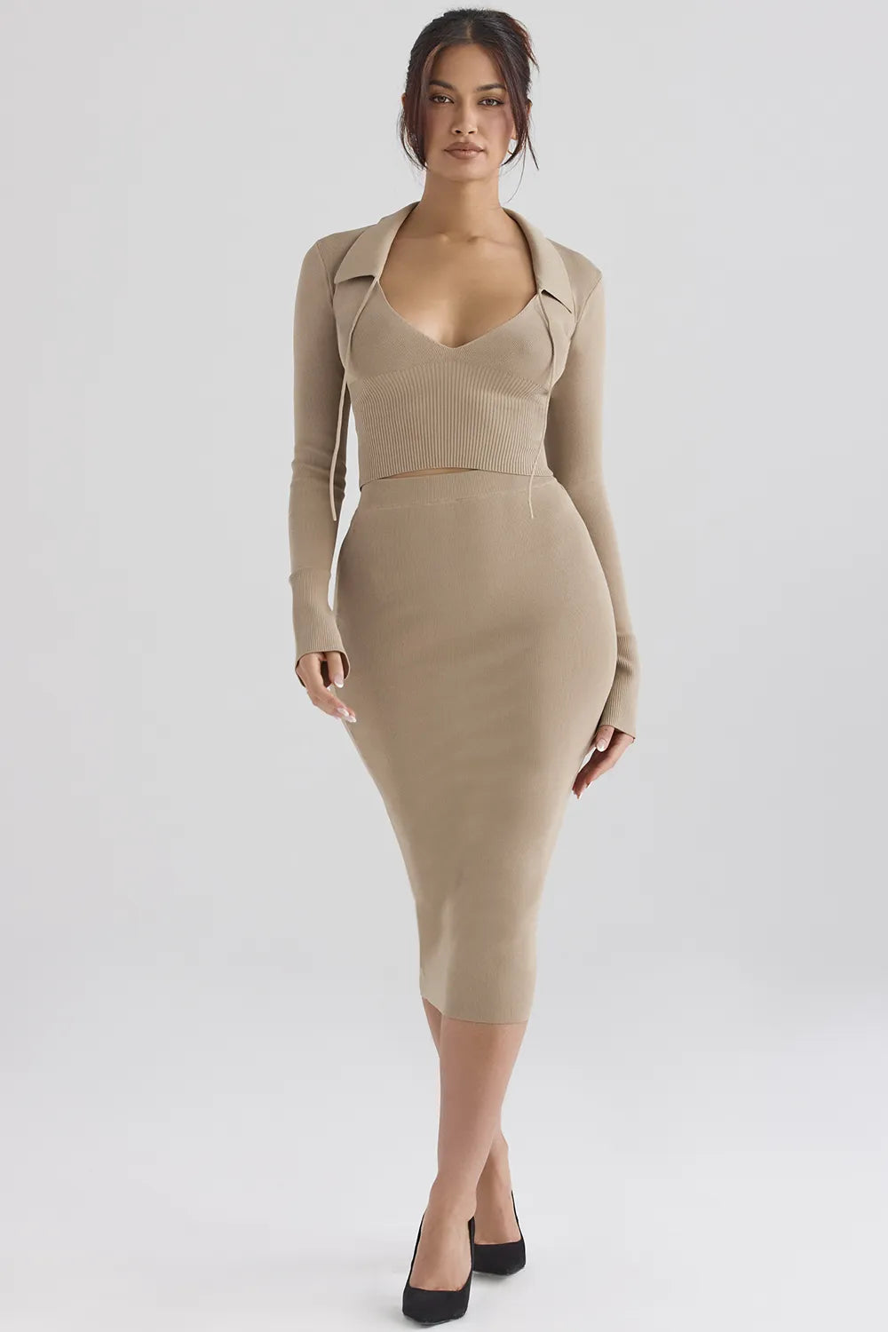 Heather Camel Knit Midi Skirt