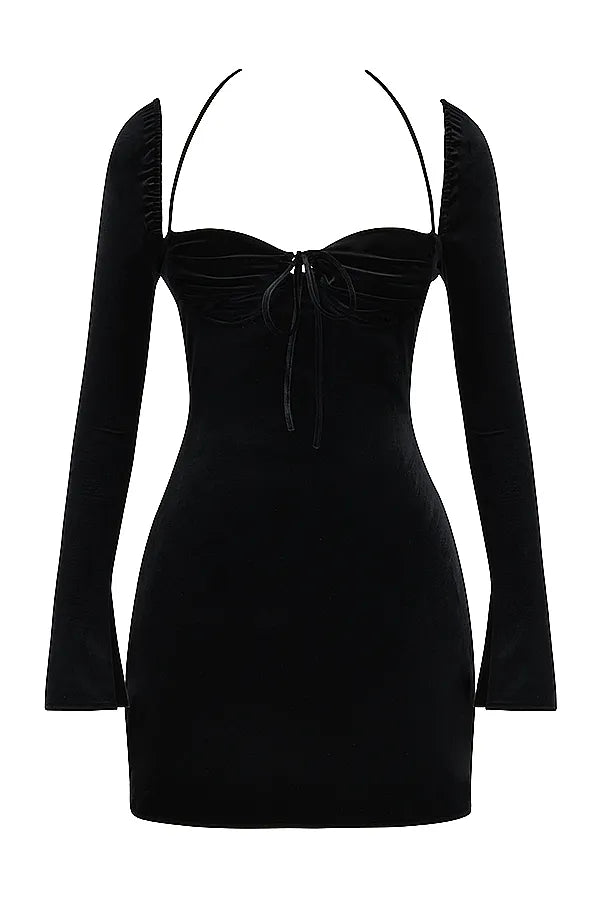 Babydoll Black Velvet Halter Mini Dress
