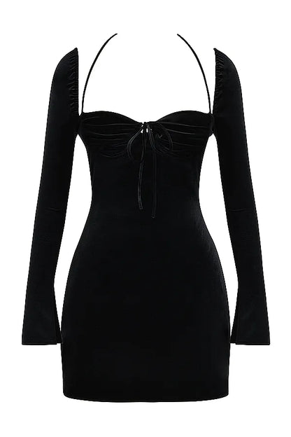 Babydoll Black Velvet Halter Mini Dress