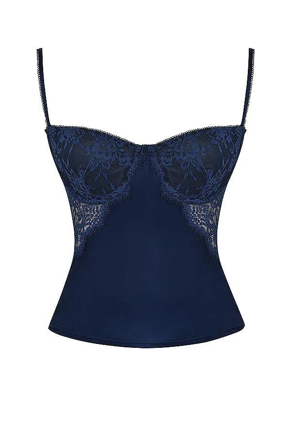 Cecilie Navy Satin & Lace Cami Top