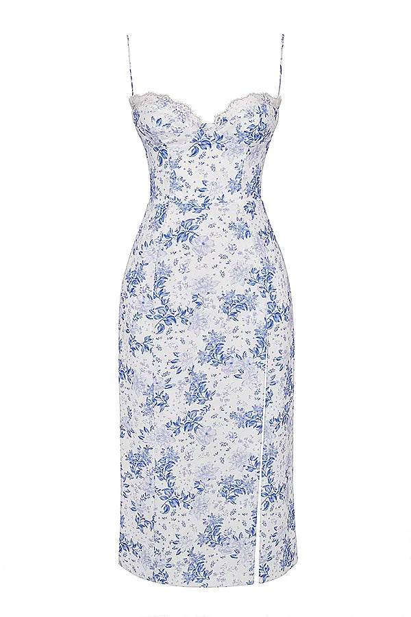 Charlotte Blue Print Corset Midi Dress