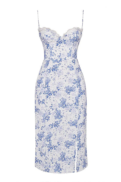 Charlotte Blue Print Corset Midi Dress