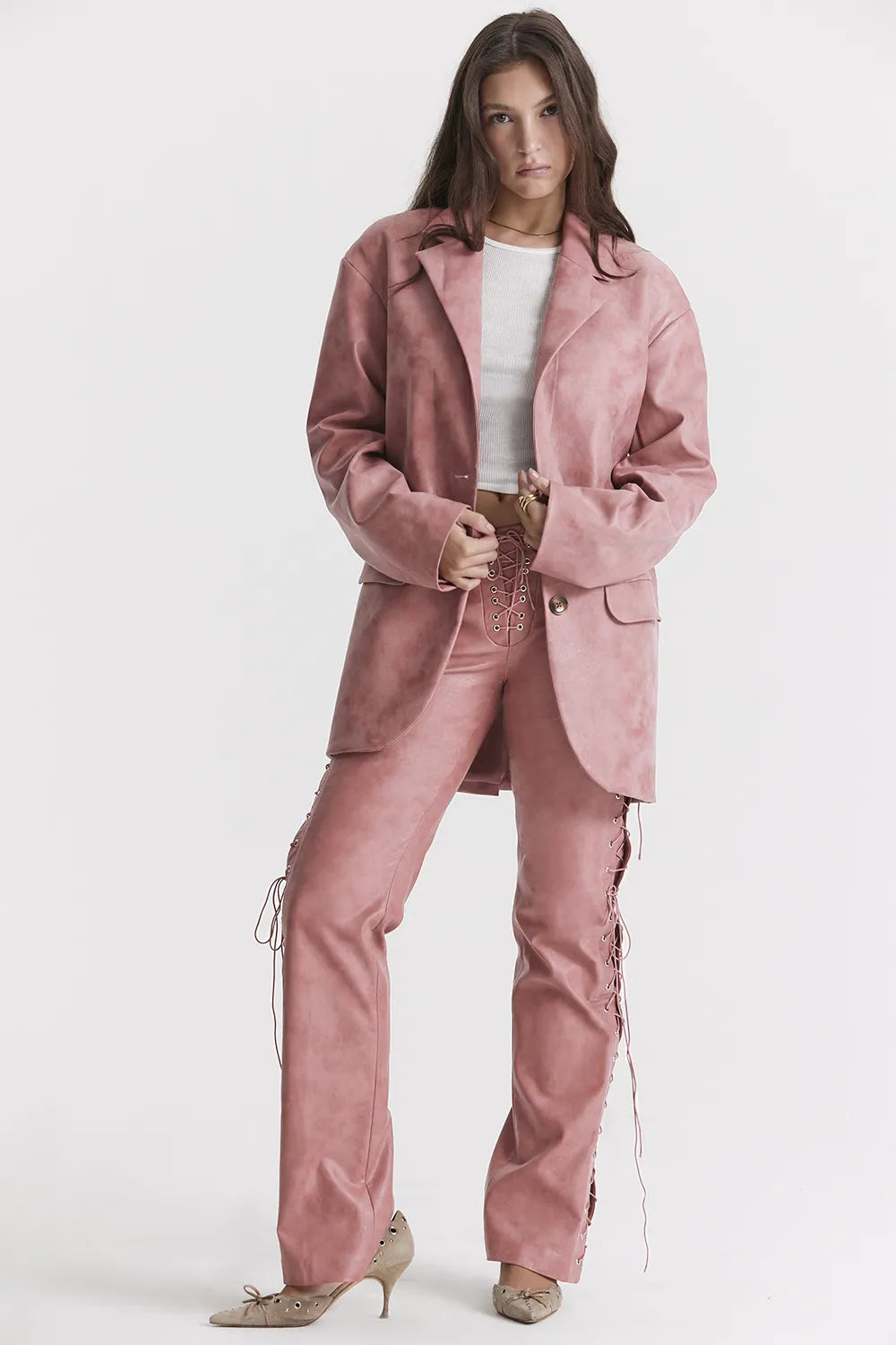 Kiera Warm Pink Vegan Leather Oversized Blazer