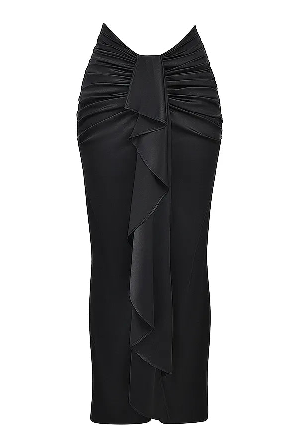 Arla Black Draped Silk Maxi Skirt