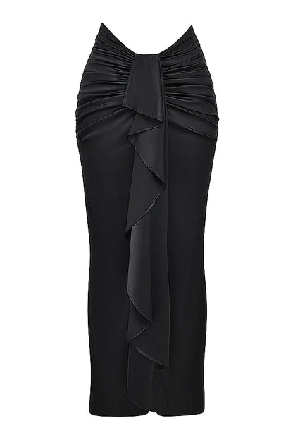Arla Black Draped Silk Maxi Skirt