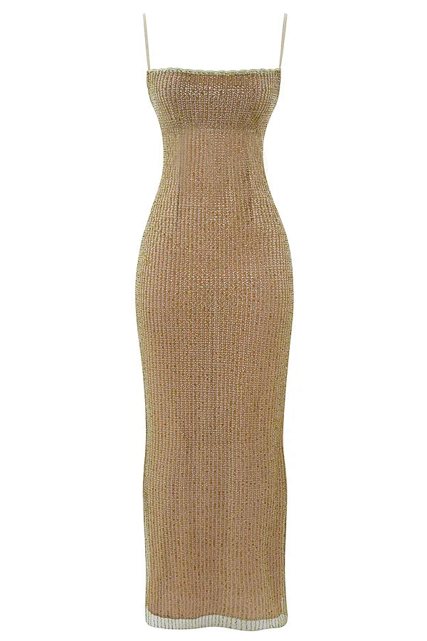 Alondra Cafe Au Lait Beaded Maxi Dress - Limited Edition