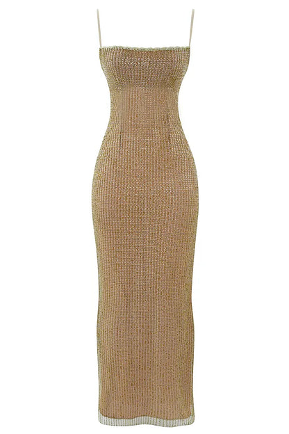 Alondra Cafe Au Lait Beaded Maxi Dress - Limited Edition