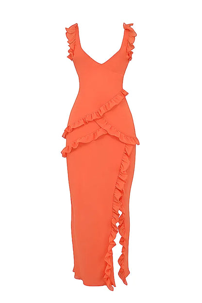 Pixie Flame Orange Ruffle Maxi Dress