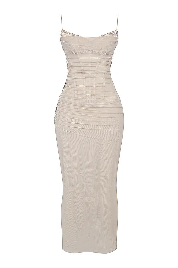 Nalini Sand Stretch Mesh Maxi Dress