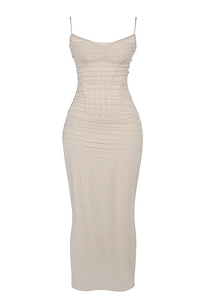 Nalini Sand Stretch Mesh Maxi Dress