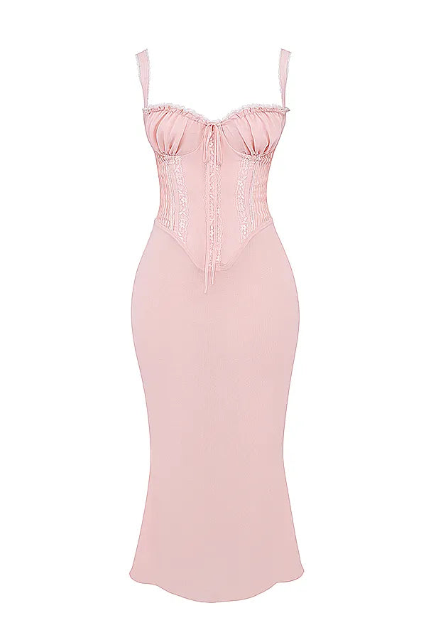 Syrah Soft Peach Lace Back Midi Dress