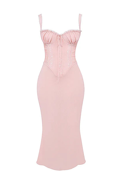Syrah Soft Peach Lace Back Midi Dress