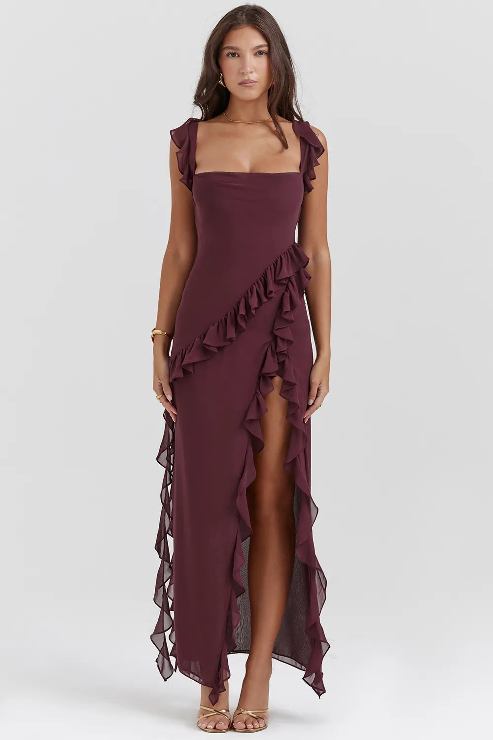 Ariela Mulberry Ruffle Maxi Dress