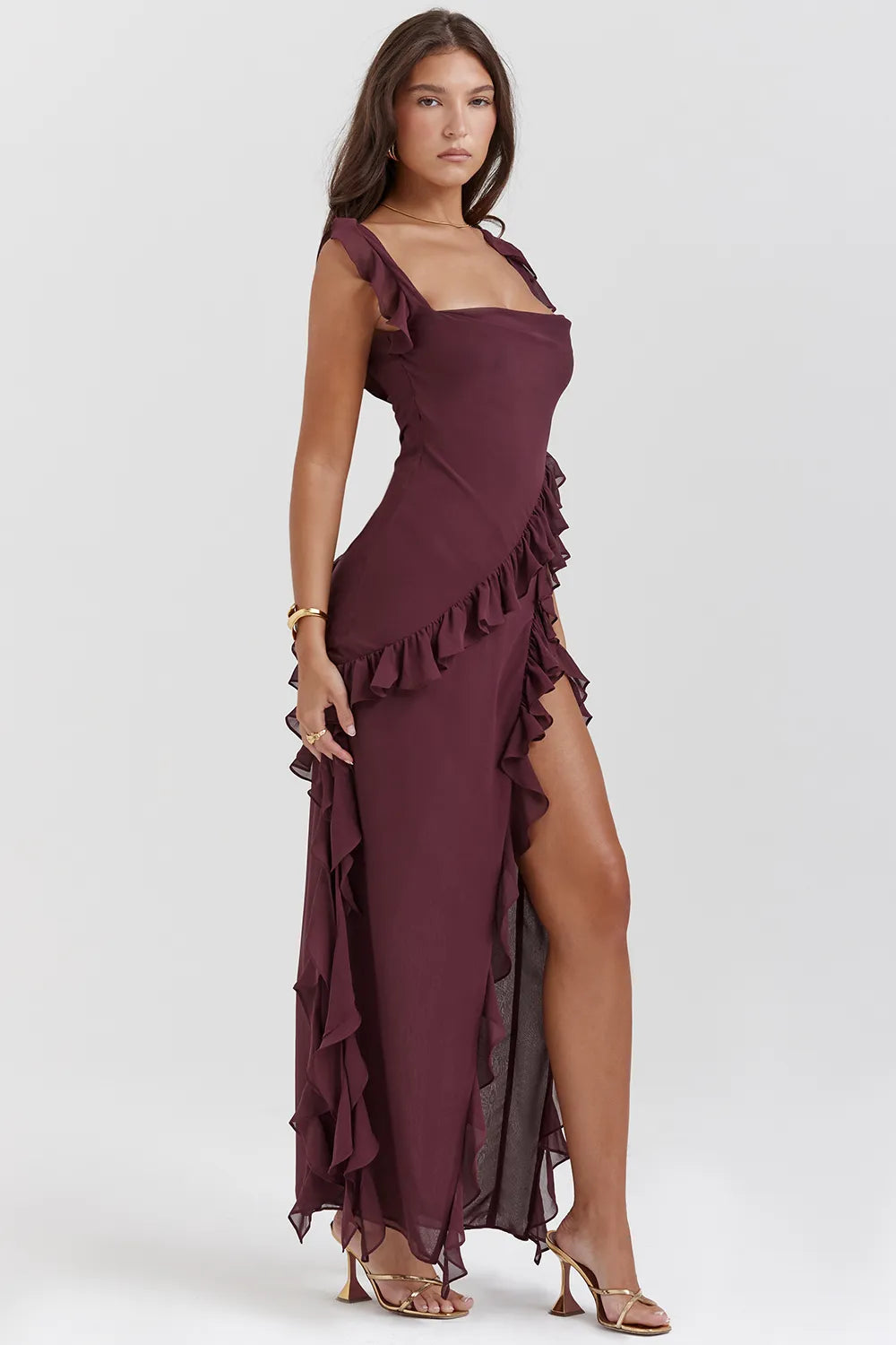 Ariela Mulberry Ruffle Maxi Dress