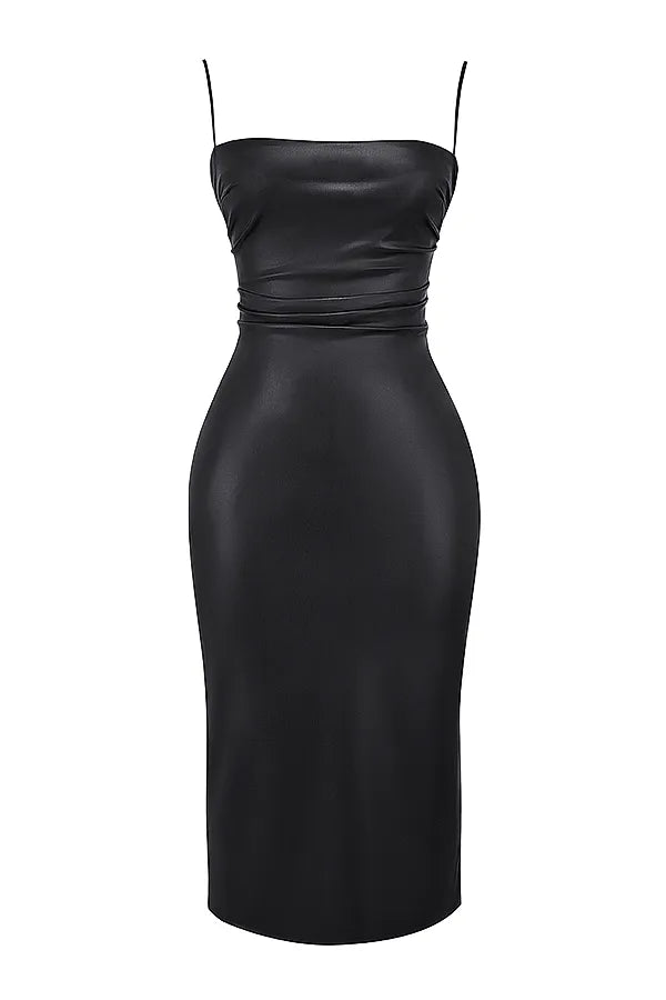 Jalena Black Vegan Leather Lace Back Dress