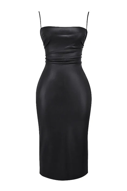 Jalena Black Vegan Leather Lace Back Dress